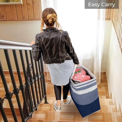 HomeHacks 2 Pack Large Laundry Baskets, Waterproof, Freestanding Laundry Hampers, Collapsible Clothes Hamper with Reinforced Handles in Laundry, College Dorm, Bathroom, Bedroom (Grey+Blue, 88Lx2)
