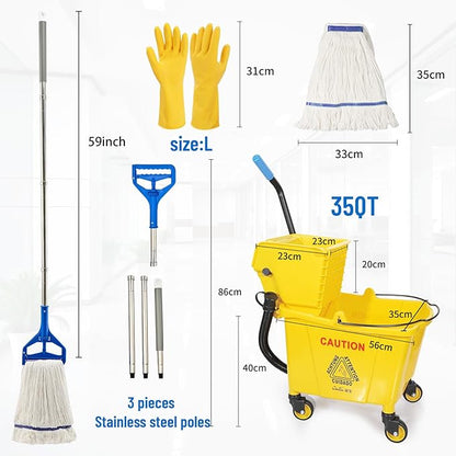 35 Qt. Side-Press Mop Bucket and Wringer Combo on Wheels Yellow for Professional/Industrial/Business Heavy-Duty Floor Cleaning/Mopping,Including Industrial Mop and Rubber Gloves