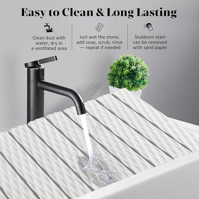 Large Stone Dish Drying Mats for Kitchen Counter, 24"(L)×16"(W) Wave - Pattern, Fast Drying Collapsible Dish Drying Mat, Eco-Friendly Absorbent Diatomaceous Earth Mats for Match Any Countertop
