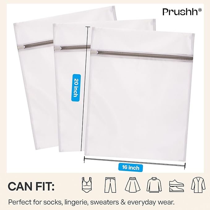 3Pc Spacious Durable Mesh Laundry Bags (16x20 Inches) Protects Delicates, Fine Mesh for Uniform Wash & Dry, Auto-Lock Zipper, Washer-Friendly, For Home, Dorm or Storage, Fits Socks to Sweaters