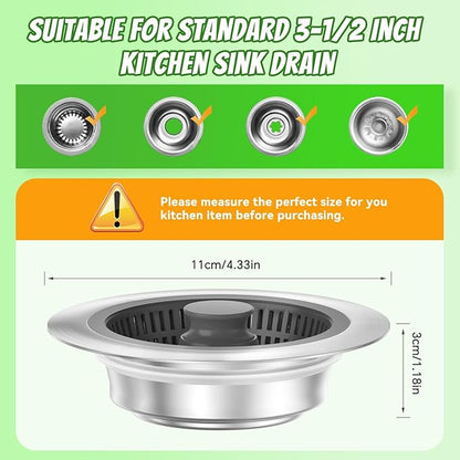 Kitchen Sink Drain Strainer with Pop-up Sink Stopper, 3 in 1 Sink Drain Strainer Basket with Cleaning Brush for US Standard 3-1/2 Inch Drain