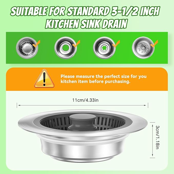 3 in 1 Sink Strainer Stopper and Pop-up Kitchen Sink Drain Strainer, Stainless Steel Filter with Bigger Basket, Anti-Clogging Kitchen Sink Drain Stopper for US Standard 3-1/2 Inch Drain