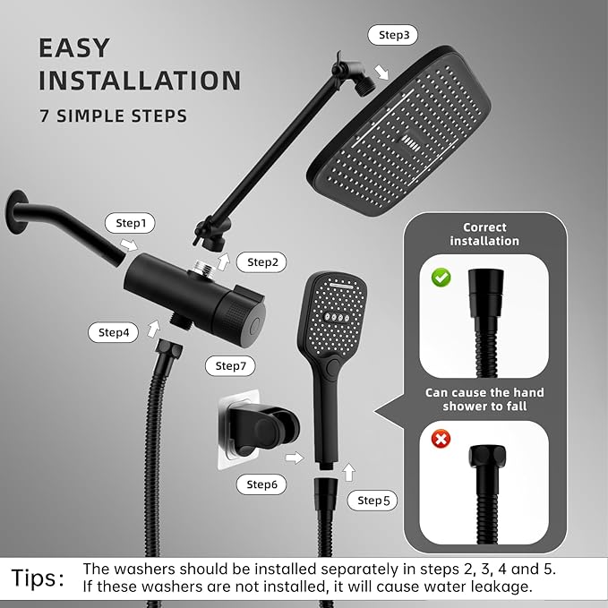 12" Rain Shower Head with Handheld Spray, Rainfall Shower Head with Handheld Combo, 11" Stainless Steel Extension Arm with Height & Angle Adjustable High Pressure Showerheads, Matte Black