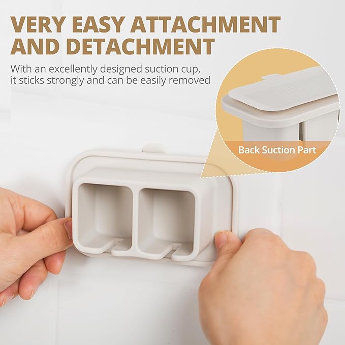Silicone Suction Toothbrush Holder 2-Slot Wall Mounted Bathroom Organizer for Electric, Manual & Kids' Toothbrushes – Secure Suction Storage, Compact & Travel-Friendly – Sand Beige