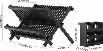 HBlife Dish Rack, Bamboo Folding 2-Tier Collapsible Drainer Dish Drying Rack with Utensils Flatware Holder Set (Dish Rack with Utensil Holder)