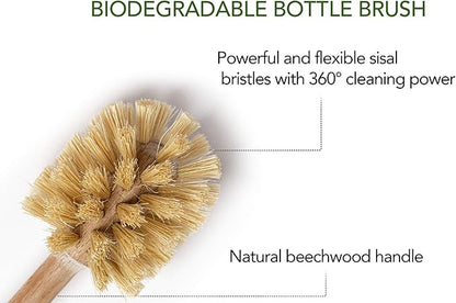 ECOLULU Natural Bamboo Dish Brush & Wood Bottle Brush for Wide Mouth Bottles, Cups and Jars, 2 Replacement Heads included (4 units total) Biodegradable, Eco Friendly Products