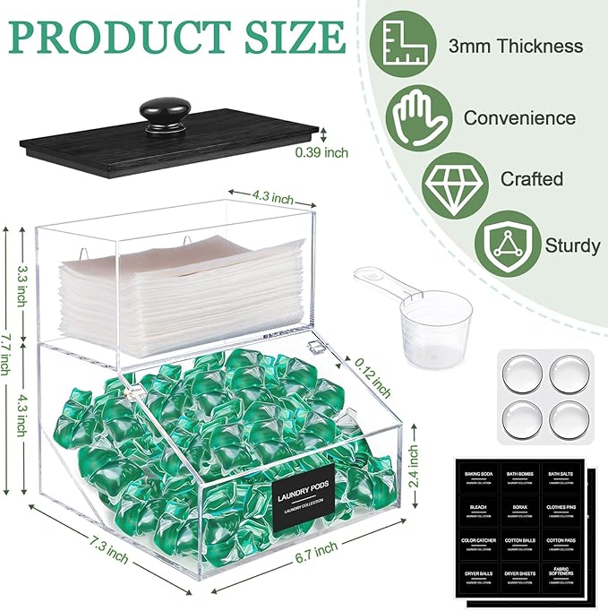 2 in 1 Dryer Sheet Holder & Laundry Pods Container, Laundry Detergent Organizer Container with Lid, Acrylic Laundry Room Organization Storage Containers with Labels, Dishwasher Pod Holder