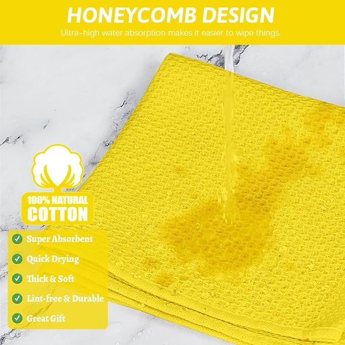 Nialnant 4 Pack Yellow Kitchen Dish Towels, 100% Cotton Waffle Weave Kitchen Dish Cloths for Washing Dishes, Soft Absorbent Dish Rags, Quick Drying Cleaning Rags - 12x12 in
