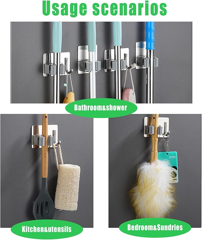Broom Holder Wall Mount Hanger Holder Wall Mount,2 Pack Mop and Broom Hooks Stainless Steel Self Adhesive