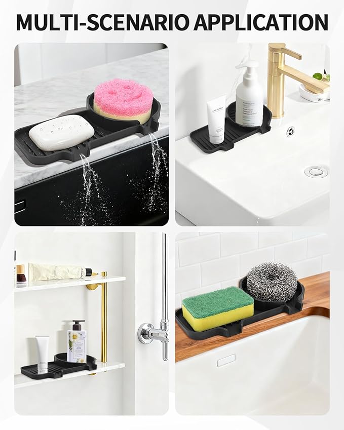 Upgraded 2-in-1 Silicone Sponge & Soap Holder with Extra Tray, Auto-Drain Organizer for Kitchen & Bathroom Sink, Compatible with Scrub Daddy Sponges, Holds Soap, Dish Soap Dispenser