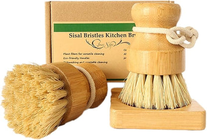 Bamboo Vegetable Brush Set, Natural Bristle Dish Brush with Holder, Eco Friendly Soft Dish Scrubber Kitchen Brush for Dishes