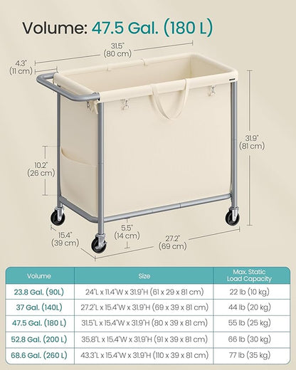 SONGMICS Laundry Basket with Wheels, Rolling Laundry Hamper, 47.5 Gallons (180 L), Removable Liner, Steel Frame with Handle, 31.5 x 15.4 x 31.9 Inches, Cream White URLS011W01