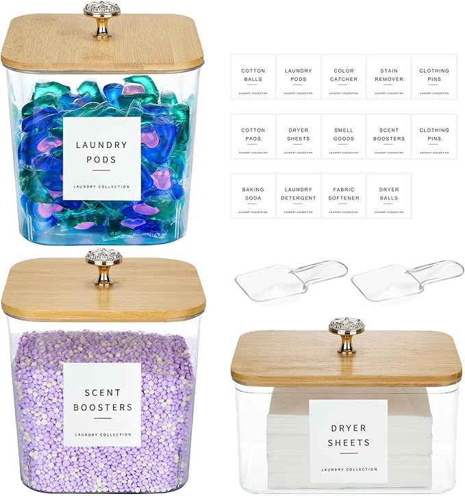 POLRAI 3 Pack Laundry Pod Containers and Dryer Sheet Holder, Laundry Room Organization Storage Containers with Lids and Labels for Laundry Detergent Laundry Pods Dry Sheet Organizing