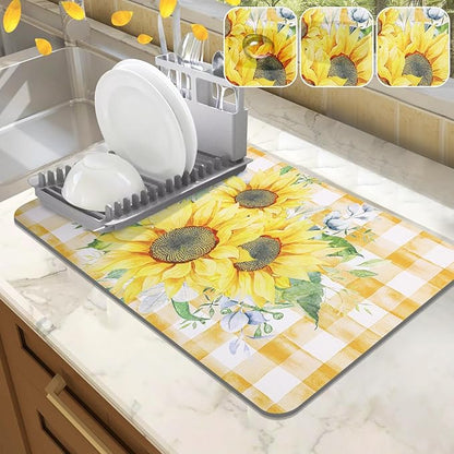 LOKHOM Dish Drying Mat for Kitchen Counter, 12"x20" Absorbent Coffee Bar Mat with Sunflowers, Vintage Floral Dish Drainer Rack Mats for Kitchen Counter Coffee Maker Pot Dining Room Decoration