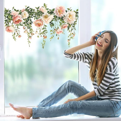 Flower Wall Stickers Vinyl Wall Decals Peel and Stick Rose Wall Murals Art Decor Wallpaper for Girls Bedroom Living Room Kitchen Tv Background