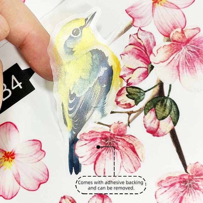 9 Sheets Cherry Blossom Decor Wall Decals Peel and Stick Pink Room Decor for Girls Bedroom Large Removable Wall Stickers & Murals Vinyl Car Decals for Women Living Room Office Vine Bird Art Clings