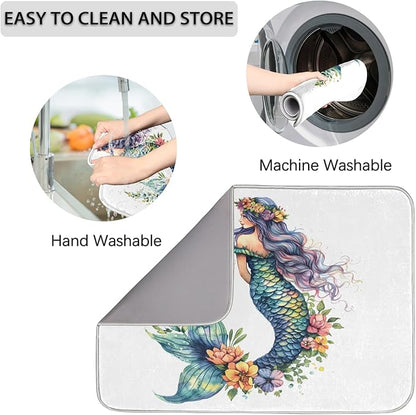 Honeybaby Dish Drying Mat Beautiful Mermaid Dish Drying Mats for Kitchen Counter Absorbent Kitchen Drying Mat Dish Rack Mat 18x24 inches