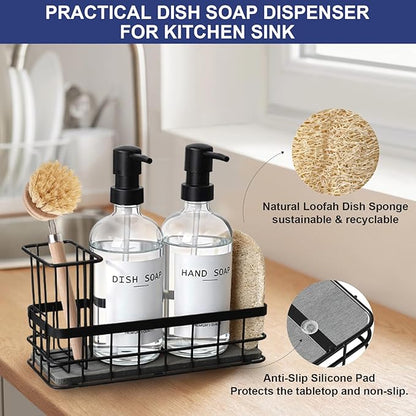 Dish Soap Dispenser for Kitchen, 16.9 fl oz Clear Hand and Dish Soap Dispensers, Kitchen Soap Dispenser Set with Sponge Holder, Brush Holder and Loofah Sponge, Countertop Sink Organizer Accessories