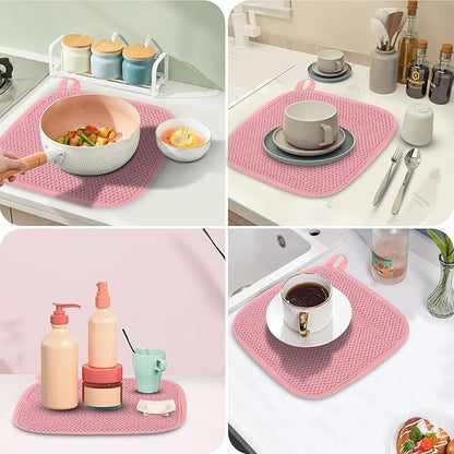 GeeRic Microfiber Dish Drying Mat, Super Absorbent Kitchen Dish Drying Pad, Reversible for Countertop, 7*7 inch Pink