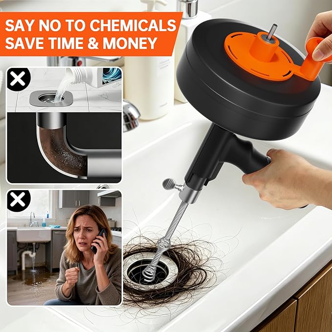 25FT Heavy Duty Drain Auger, Professional Plumbing Snake with Drill Adapter, Manual & Powered Clog Remover for Kitchen, Bathroom, Shower Sink & Bathtub, Flexible Pipe Snake Cleaner with Gloves