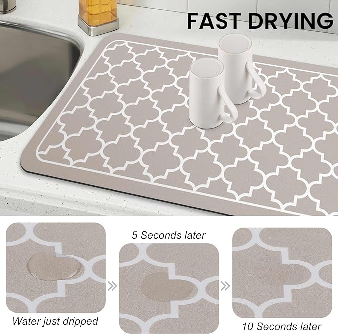 WISELIFE Dish Drying Mat Super Absorbent Drying Mat Large Dish Drying Mats for Kitchen Counter Easy Clean Dish Mat Kitchen Drying Mat18"x 32" Stylish Khaki