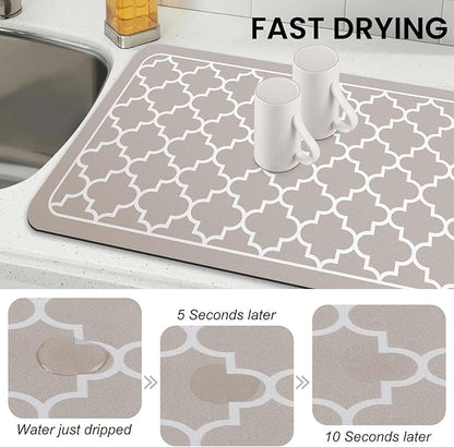 WISELIFE Dish Drying Mat Super Absorbent Drying Mat Large Dish Drying Mats for Kitchen Counter Easy Clean Dish Mat Kitchen Drying Mat18"x 32" Stylish Khaki