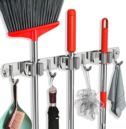 Mop and Broom Holder Wall Mount, Upgraded Broom Hanger Wall Mount, Stainless Steel Broom Organizer for Closet Garage Laundry Room Kitchen Wall Decor(3Racks 4Hooks Silver)