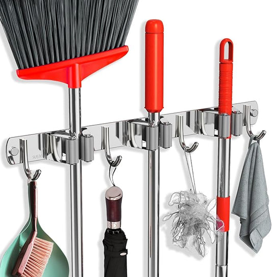 Mop and Broom Holder Wall Mount, Upgraded Broom Hanger Wall Mount, Stainless Steel Broom Organizer for Closet Garage Laundry Room Kitchen Wall Decor(3Racks 4Hooks Silver)