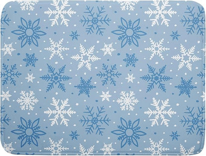 Winter Dish Drying Mat for Kitchen Counter 18x24 Blue White Snowflake Holiday Theme Seasonal Absorbent Reversible Microfiber Drying Mats Kitchen Countertop Protector Dishes Drainer Pad