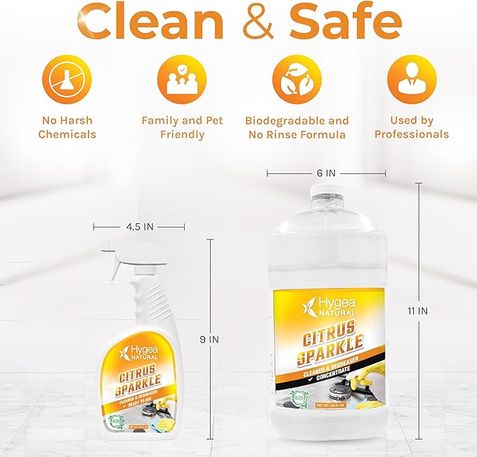 Hygea Natural Citrus Sparkle Chemical-Free Heavy Duty Degreaser & All Purpose Cleaner-Pure Citrus Extracts & Natural D-limonene-Removes Grease, Dirt & Grime (24oz Spray & 128oz of Concentrated Gallon)