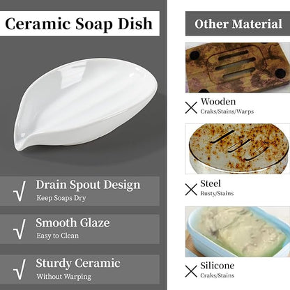 Soap Holder, Self-Draining White Soap Dish, Leaf Shape Ceramic Bar Soap Holder Drain Soap Dishes for Bathroom Sink Kitchen, Easy to Clean Keeps Soap Dry, ANTIS'S HOME