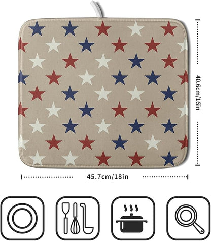 Patriotic July of 4th Blue Red White Star Dish Drying Mat for Kitchen Counter 16x18 Independence Day Absorbent Reversible Microfiber Drying Mats Kitchen Countertop Protector Dishes Drainer Rack Pad