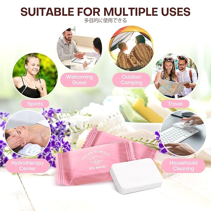 Disposable Face Towel Large Ultra Soft Compressed Towel Tablets for Travel Individually Wrapped, 12x9 Inch Portable Face Washcloths Reusable for Gym Hiking Camping Outdoor Sports(50 Pcs Pink)