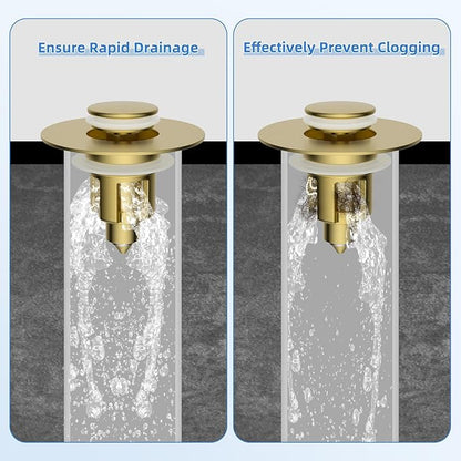 iFealClear Metal Universal Bathroom Sink Stopper, Upgraded Stainless Steel Sink Drain Strainer for 1.1''~2.36" Basin Pop Up Drain Strainer, Anti-Clogging Filter Basket, Brushed Gold