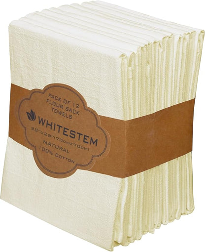 Flour Sack Towels 28” x 28” – Pack of 12 Cotton Kitchen Towels, Dish Towels and Tea Towels for Embroidery, Thick Absorbent for Baking & Bread Proofing - Natural