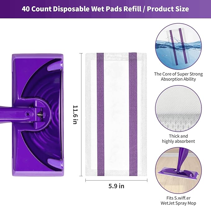 40 Count Wet Jet Pads Refills for Swiffer Wet Jet Spray Mop,Disposable Wetjet Pads for Multi-Surface Floors,Thickened and Super Absorbent Wet Jet Hardwood Floor Cleaner for Swiffer Wet Pads Refill