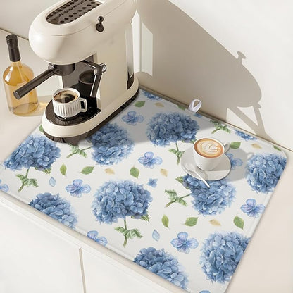 Spring Summer Hydrangea Dish Drying Mat for Kitchen Counter 18 x 24 Inch Blue Floral Dish Drainer Mat Absorbent Microfiber Dish Rack Pad for Holiday Coffee Dining Bar Decor