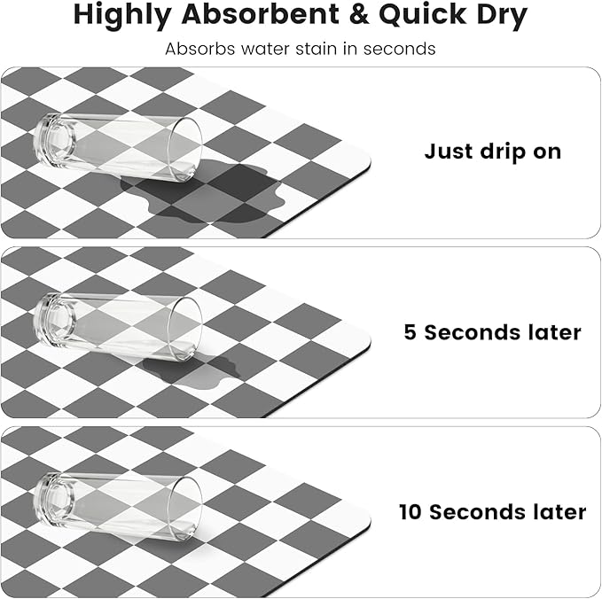 17" x 32" Checkered Dish Drying Mat for Kitchen Counter, Absorbent Coffee Bar Mat for Espresso Machine Coffee Countertops Accessories (Grey)