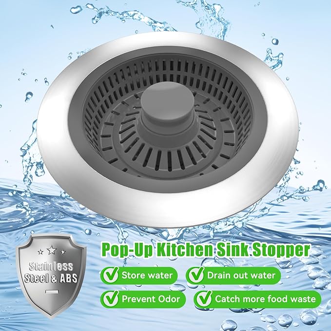 3 in 1 Sink Strainer Stopper and Pop-up Kitchen Sink Drain Strainer, Stainless Steel Filter with Bigger Basket, Anti-Clogging Kitchen Sink Drain Stopper for US Standard 3-1/2 Inch Drain