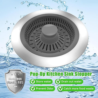 3 in 1 Sink Strainer Stopper and Pop-up Kitchen Sink Drain Strainer, Stainless Steel Filter with Bigger Basket, Anti-Clogging Kitchen Sink Drain Stopper for US Standard 3-1/2 Inch Drain