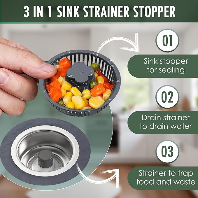 2-Piece Sink Strainers for Kitchen Sink Food Catcher - 3 in 1 Stainless Steel and Silicone Hair Drain Strainer Basket Stopper for Bathroom - Anti-Clogging Sink for US Standard 3-1/2 Inch Drains