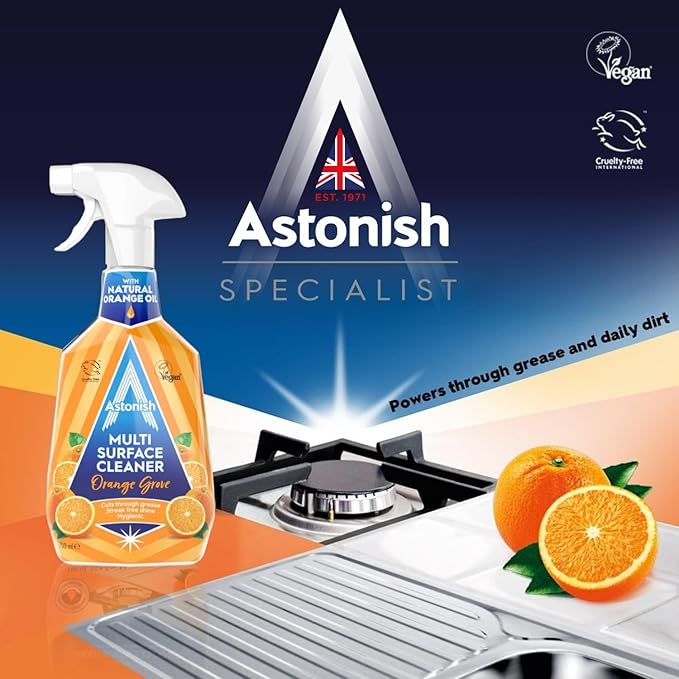 Astonish Specialist Multi Surface Cleaner - Orange Grove Scented Heavy Duty Kitchen Cleaner - Cruelty Free Cuts Through Grease And Stains On Kitchen Surfaces & Oven Doors, 750ml Spray Bottle, 2PK