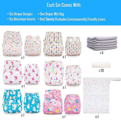 Simple Being Reusable Cloth Diapers, Double Gusset, One Size Adjustable, Washable Soft Absorbent, Waterproof Cover, Unisex Baby Girl Boy, Six Microfiber Inserts (Sweet)