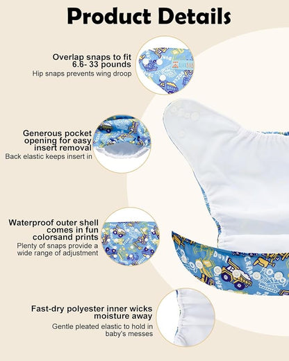 ALVABABY Baby Cloth Diapers 6 Pack with 12 Inserts Cloth Diaper Covers Adjustable Washable Reusable for Baby Girls and Boys
