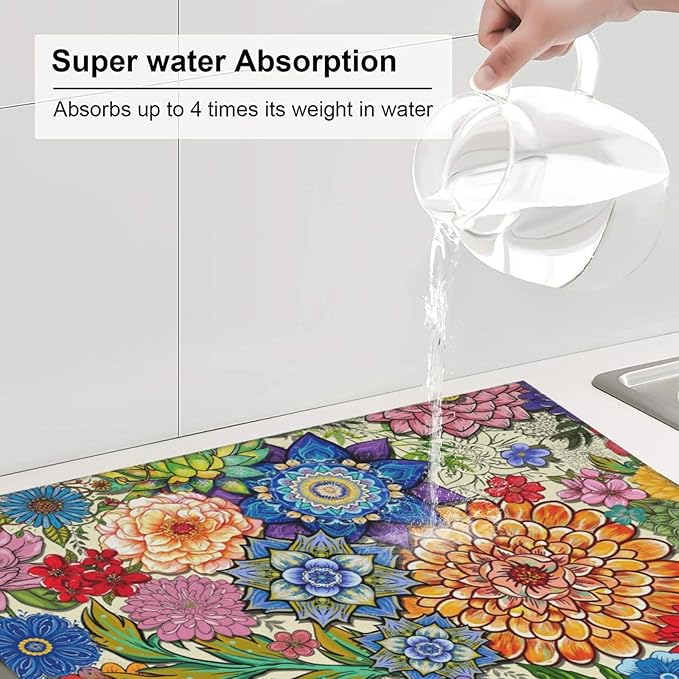 Boho Floral Dish Drying Mats for Kitchen Counter, Absorbent Microfiber Colorful Drying Pad for Dishes, Spring Easter Washable Decorative Kitchen Mat for Dining Area Sink, Home Decor, 16" x 18"