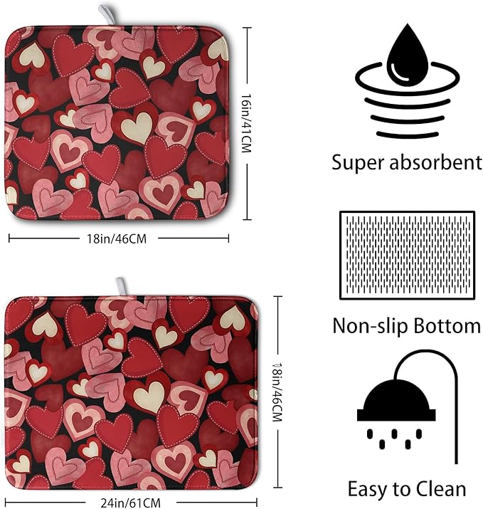 Valentine Dish Drying Mat for Kitchen Counter Red Black Love Heart Drying Pad Microfiber Absorbent Coffee Bar Mat Heat Resistant Countertop Protector Dishes Drainer Mat 16x18 Inch