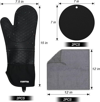 Silicone Oven Mitts 15'' Heat Resistant Flexible Oven Glove Set Hot Mitts with Soft Cotton Lining for Cooking, Baking, and Grilling (Black Mitts+potholders+Kitchen Towels, 15'')