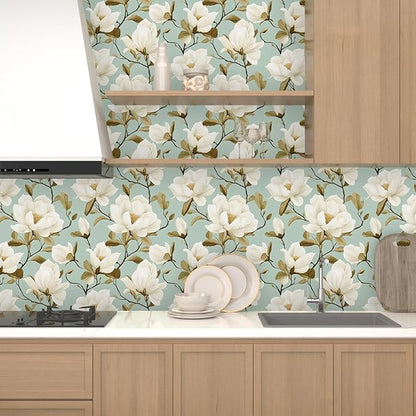 Modern Green White Flowers Wallpaper Blue Floral Peel and Stick Contact Paper 17.5"X118" Vinyl Waterproof Self Adhesive Removable Boho Modern Botanical Wall Paper for Bedroom Walls Cabinet Locker