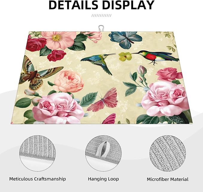Large Dish Drying Mats For Kitchen Counter Microfiber Kitchen Drying Mat XL Draining Pad Absorbent Quick Drying Dish Mat 18x24 Inch - Birds Floral