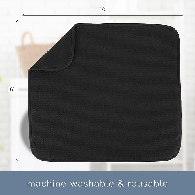S&T INC. Dish Drying Mat, 16” x 18”, Absorbent Microfiber Kitchen Counter Mat, Drying Pad for Dishes, Utensils, Pots and Pans, Large, Diamond Texture, Black